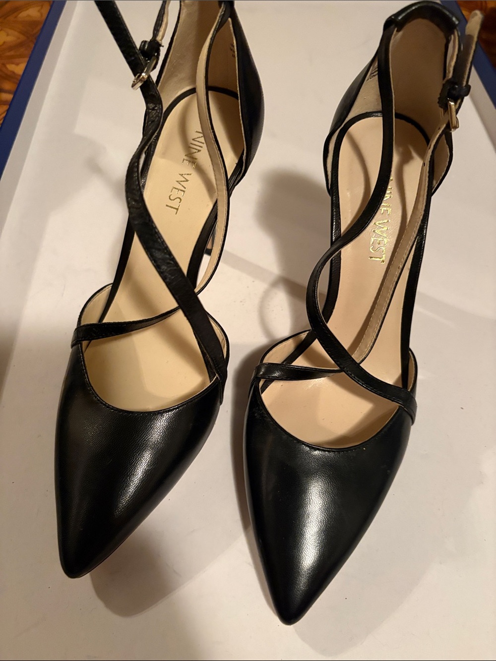 Nine West Black Pointed Toe Crisscross Ankle Strap Heels
